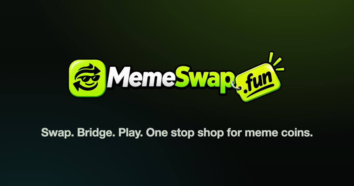 MemeSwap link preview on volt: the mark, the memeswap wordmark and the line Swap. Bridge. Play. One stop shop for meme coins.