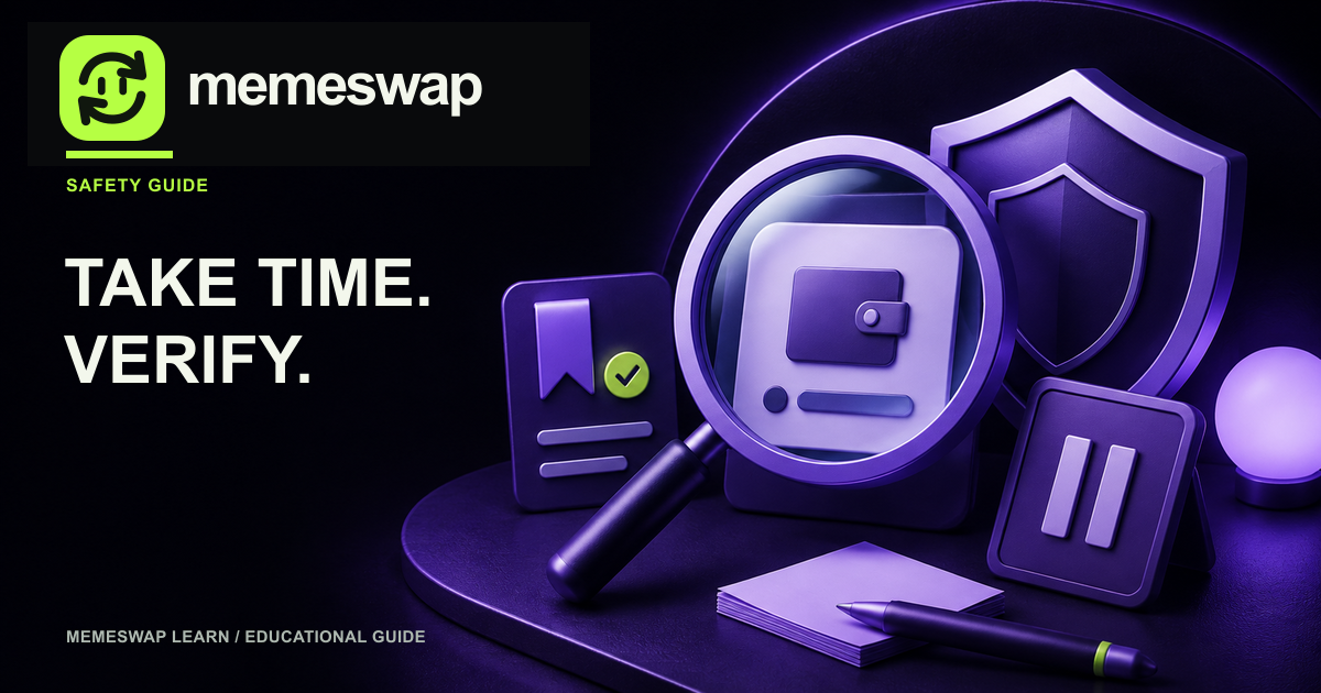 Purple magnifier, wallet prompt, shield, and pause card for careful meme coin safety checks