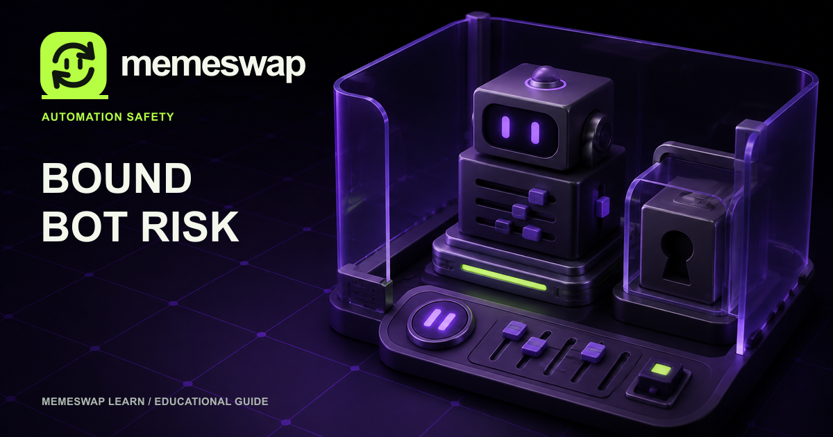 Purple automation controls with a pause button and a locked wallet compartment for trading-bot risk controls